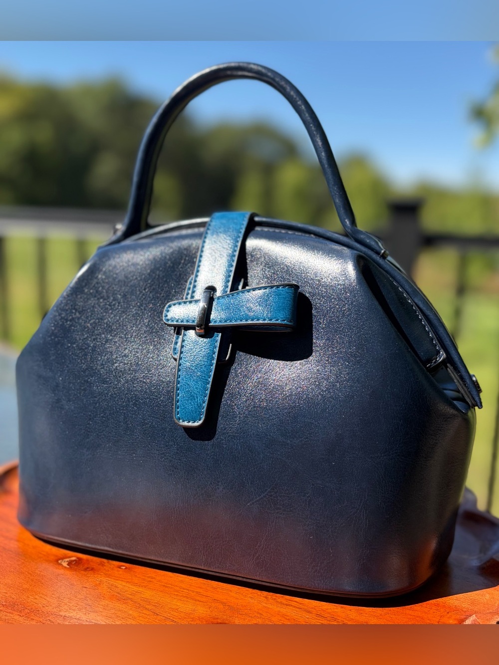 Doctor Bag Vintage-Style Blue Vegan Leather Top Handle Purse & Wallet Set - Picture 4 of 13